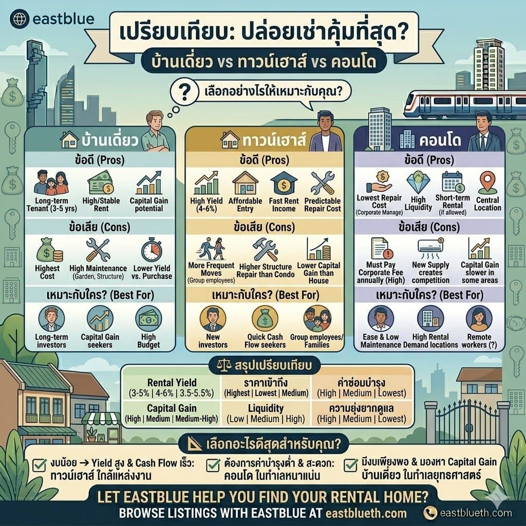 บ้านเดี่ยว vs. ทาวน์เฮาส์ vs. คอนโด: อะไรปล่อยเช่าได้กำไรดีกว่า?