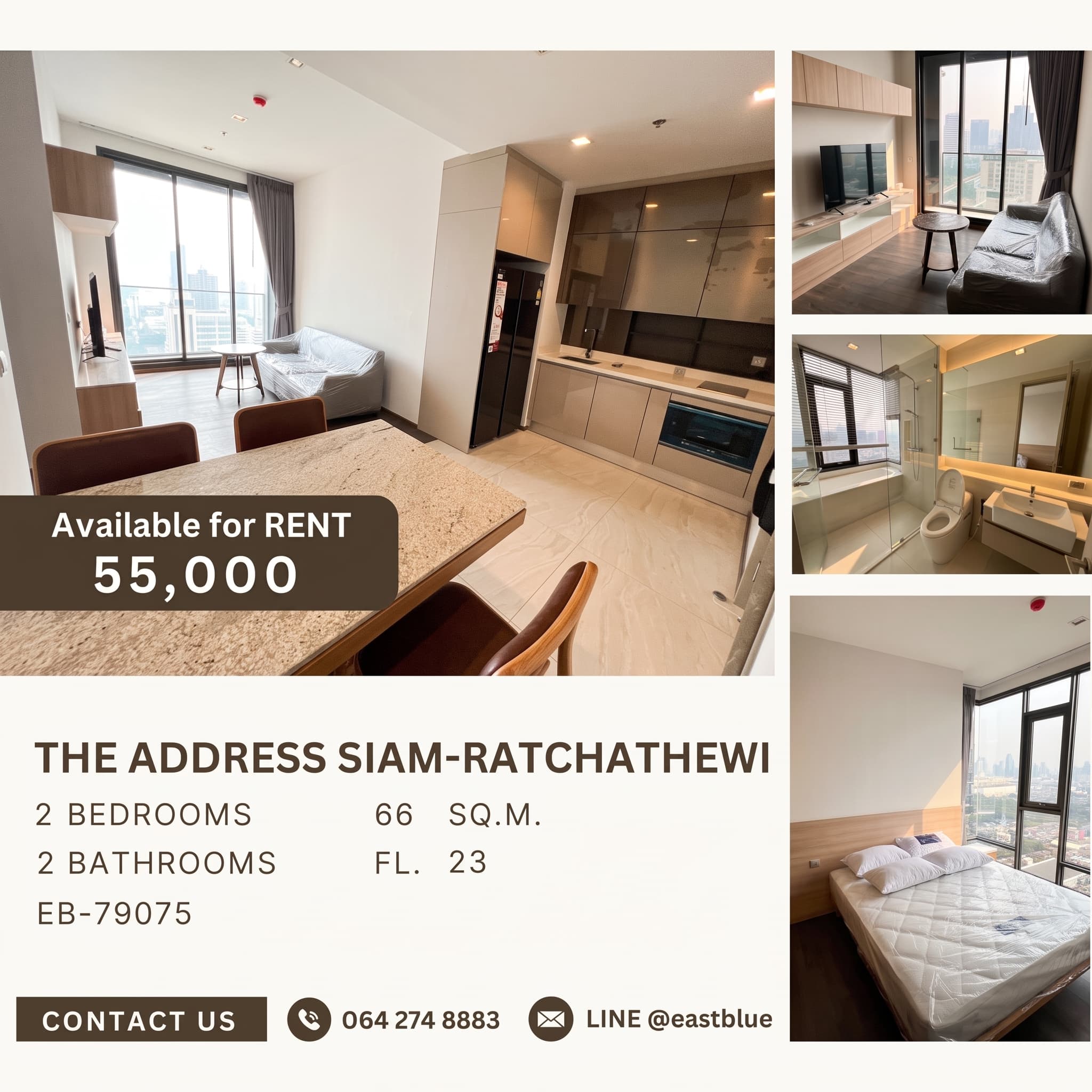 ให้เช่า คอนโด The Address Siam-Ratchathewi · 2 ห้องนอน · 66 ตร.ม.